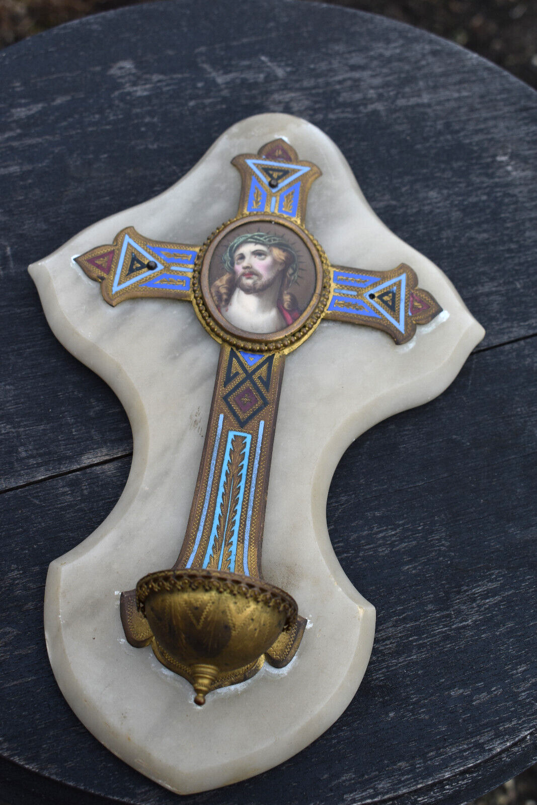 Antique onyx marble  crucifix porcelain painting medaillon holy water font inlay
