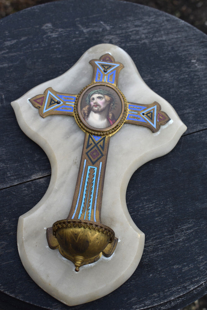 Antique onyx marble  crucifix porcelain painting medaillon holy water font inlay