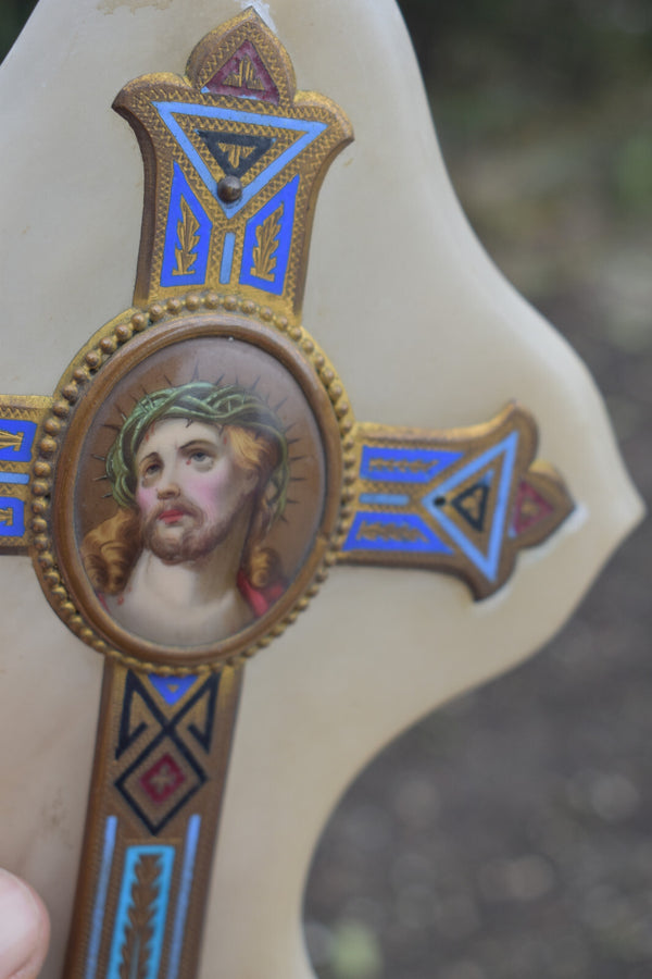 Antique onyx marble  crucifix porcelain painting medaillon holy water font inlay