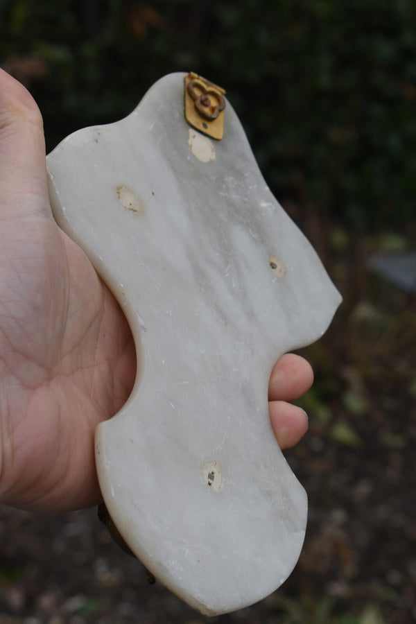 Antique onyx marble  crucifix porcelain painting medaillon holy water font inlay