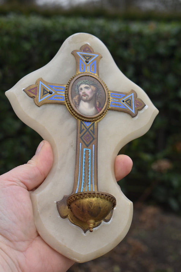 Antique onyx marble  crucifix porcelain painting medaillon holy water font inlay