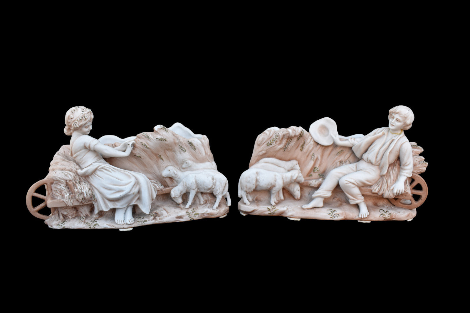 pair antique bisque porcelain matching planter jardiniere statue boy girl lambs