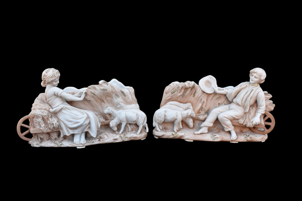 pair antique bisque porcelain matching planter jardiniere statue boy girl lambs