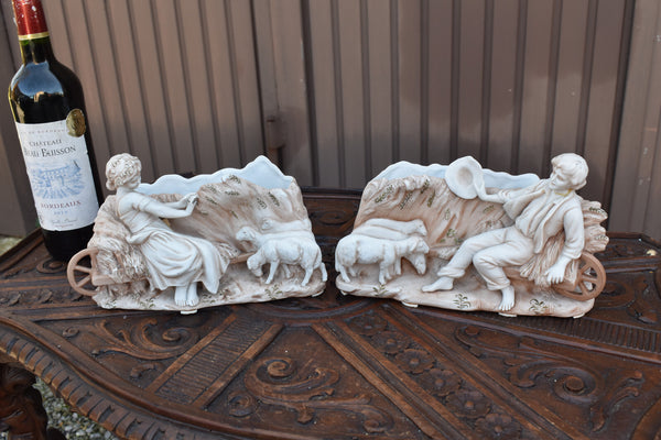 pair antique bisque porcelain matching planter jardiniere statue boy girl lambs