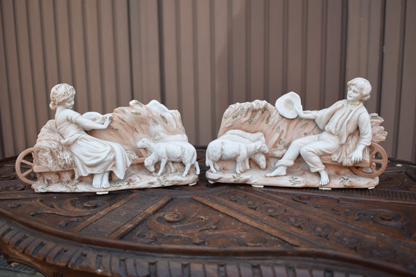 pair antique bisque porcelain matching planter jardiniere statue boy girl lambs