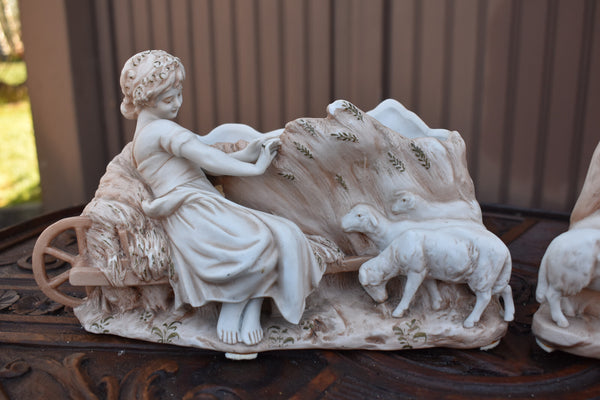 pair antique bisque porcelain matching planter jardiniere statue boy girl lambs