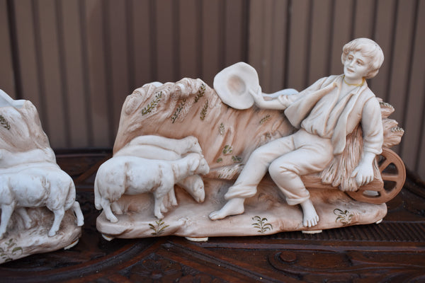 pair antique bisque porcelain matching planter jardiniere statue boy girl lambs