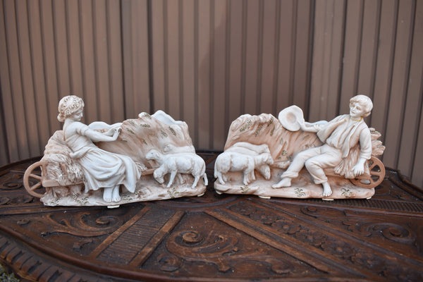 pair antique bisque porcelain matching planter jardiniere statue boy girl lambs