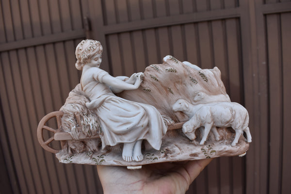 pair antique bisque porcelain matching planter jardiniere statue boy girl lambs