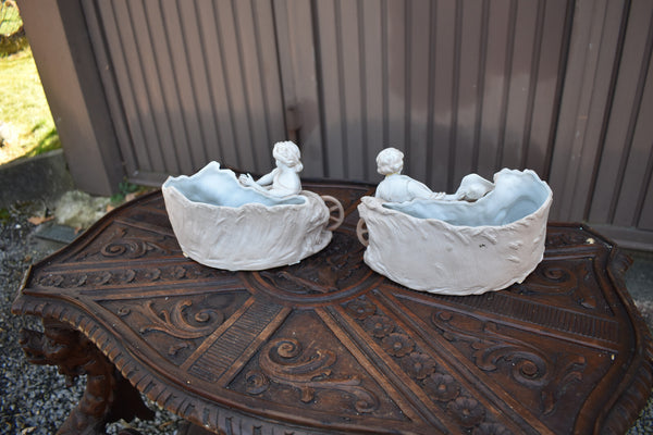 pair antique bisque porcelain matching planter jardiniere statue boy girl lambs