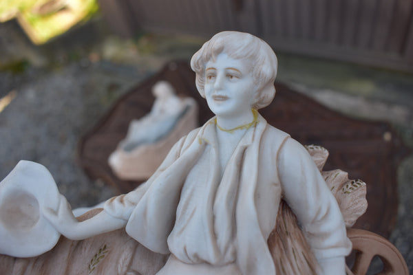 pair antique bisque porcelain matching planter jardiniere statue boy girl lambs