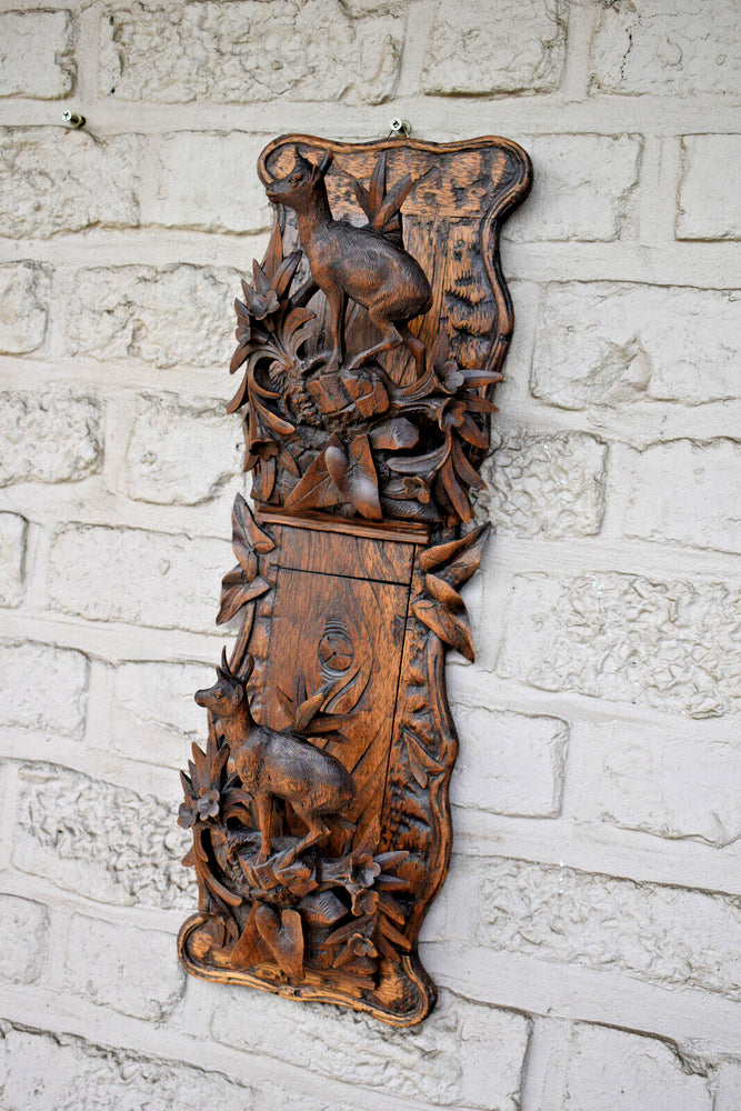 Antique Black forest wood carving wall letter holder deer animal