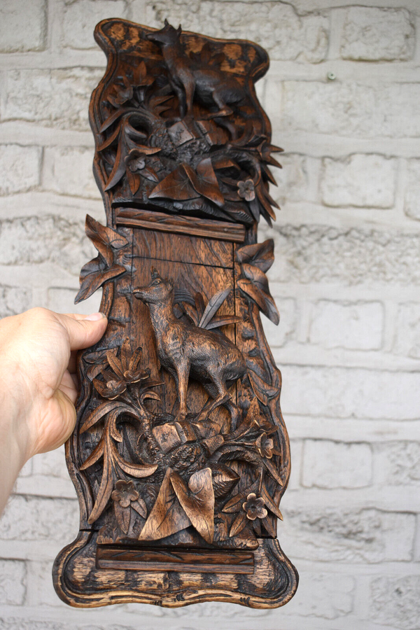 Antique Black forest wood carving wall letter holder deer animal