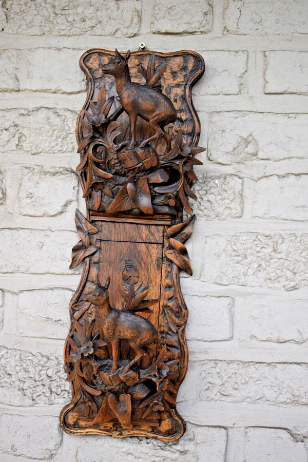 Antique Black forest wood carving wall letter holder deer animal