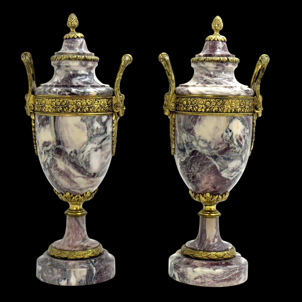 PAIR antique marble bronze urns  vases Caryatid head handles