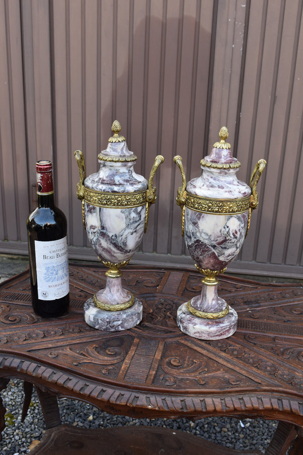 PAIR antique marble bronze urns  vases Caryatid head handles