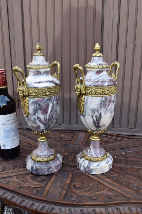 PAIR antique marble bronze urns  vases Caryatid head handles
