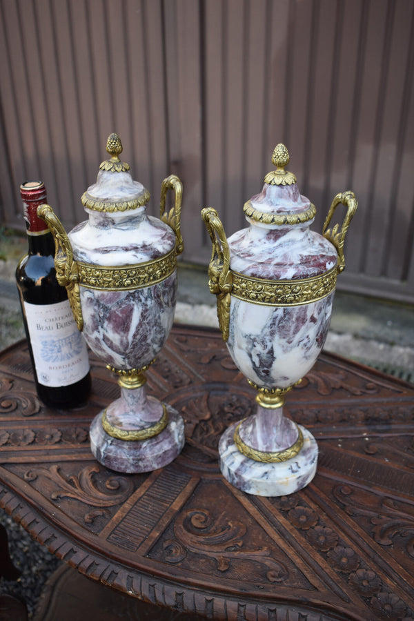 PAIR antique marble bronze urns  vases Caryatid head handles