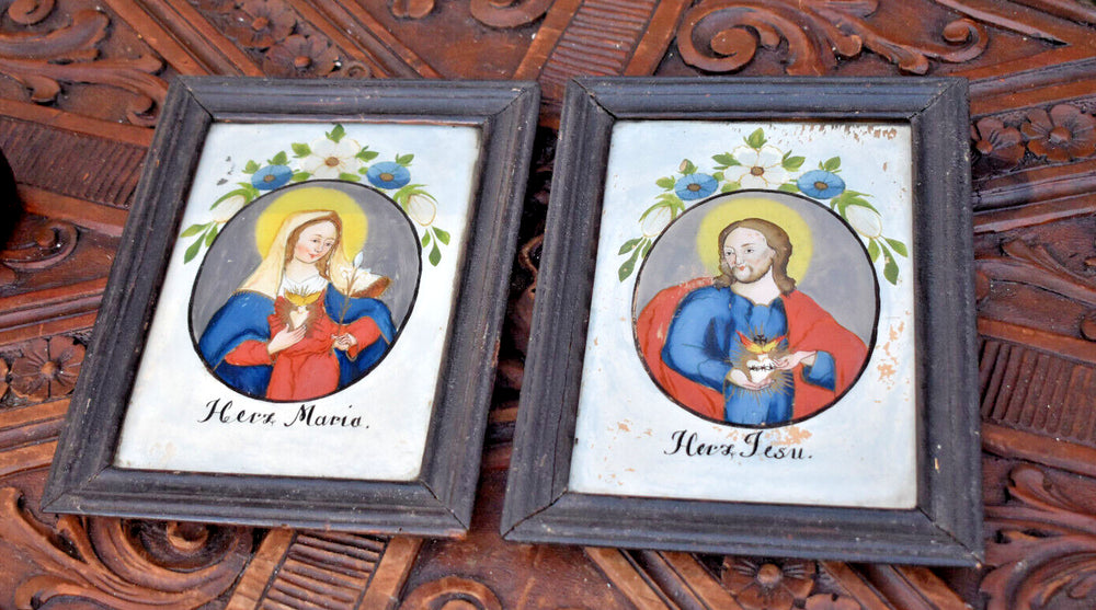 PAIR antique German eglomise glass painting sacred heart jesus mary portrait