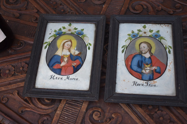 PAIR antique German eglomise glass painting sacred heart jesus mary portrait