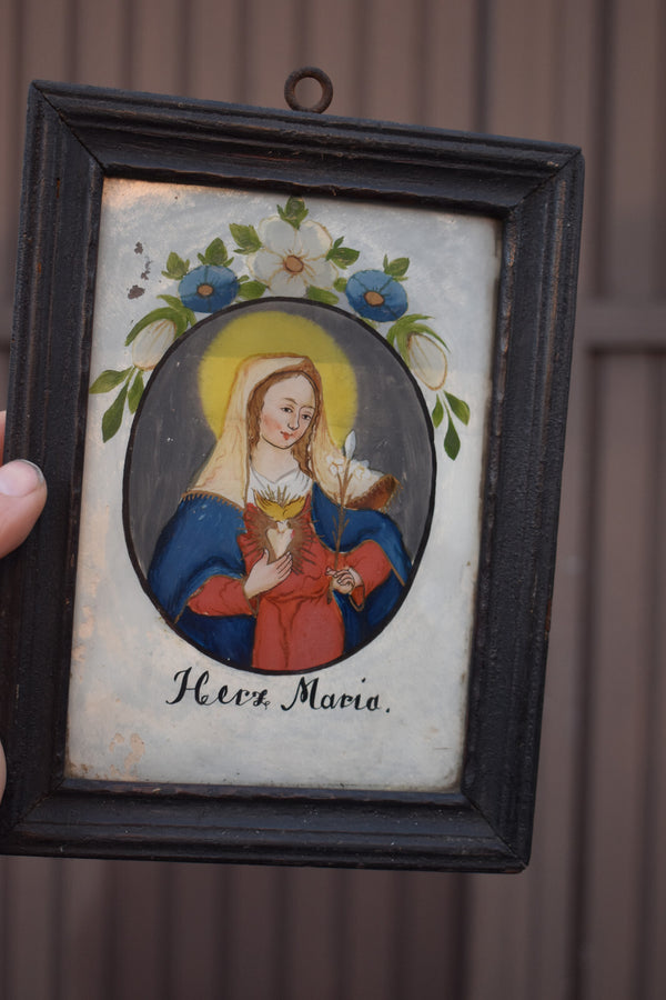 PAIR antique German eglomise glass painting sacred heart jesus mary portrait