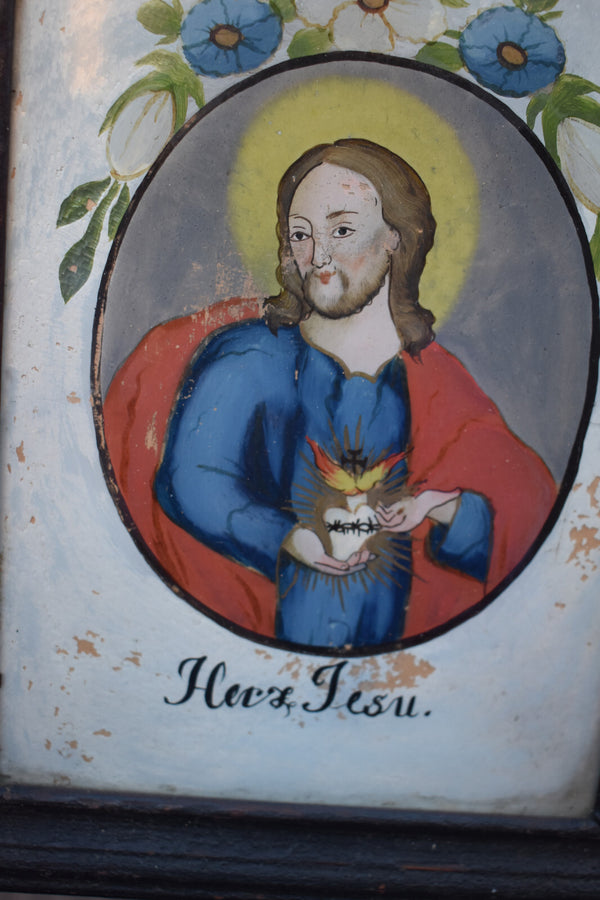PAIR antique German eglomise glass painting sacred heart jesus mary portrait