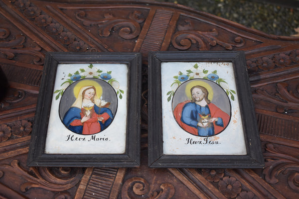 PAIR antique German eglomise glass painting sacred heart jesus mary portrait