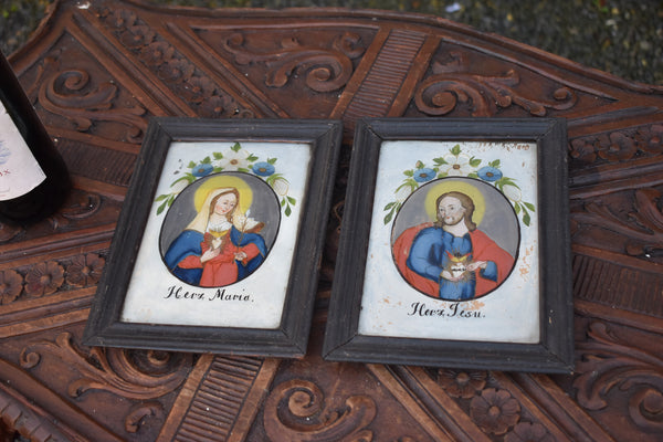 PAIR antique German eglomise glass painting sacred heart jesus mary portrait