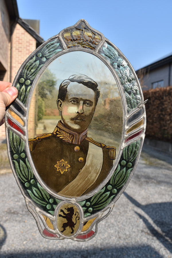 Antique Belgian stained glass window panel portrait king Leopold flag lion