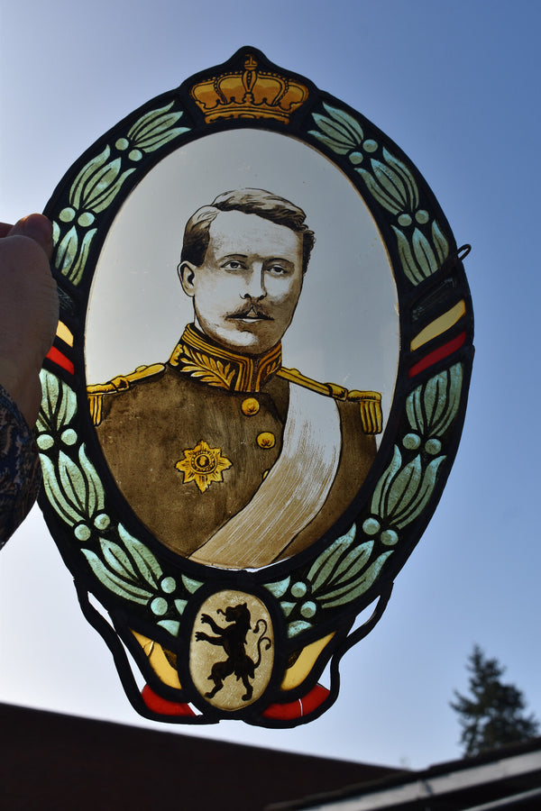 Antique Belgian stained glass window panel portrait king Leopold flag lion