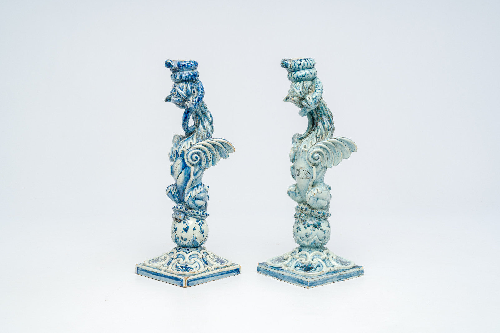 PAIR 19thc italian Cantagalli majolica Griffon Candlestick candle holder shield