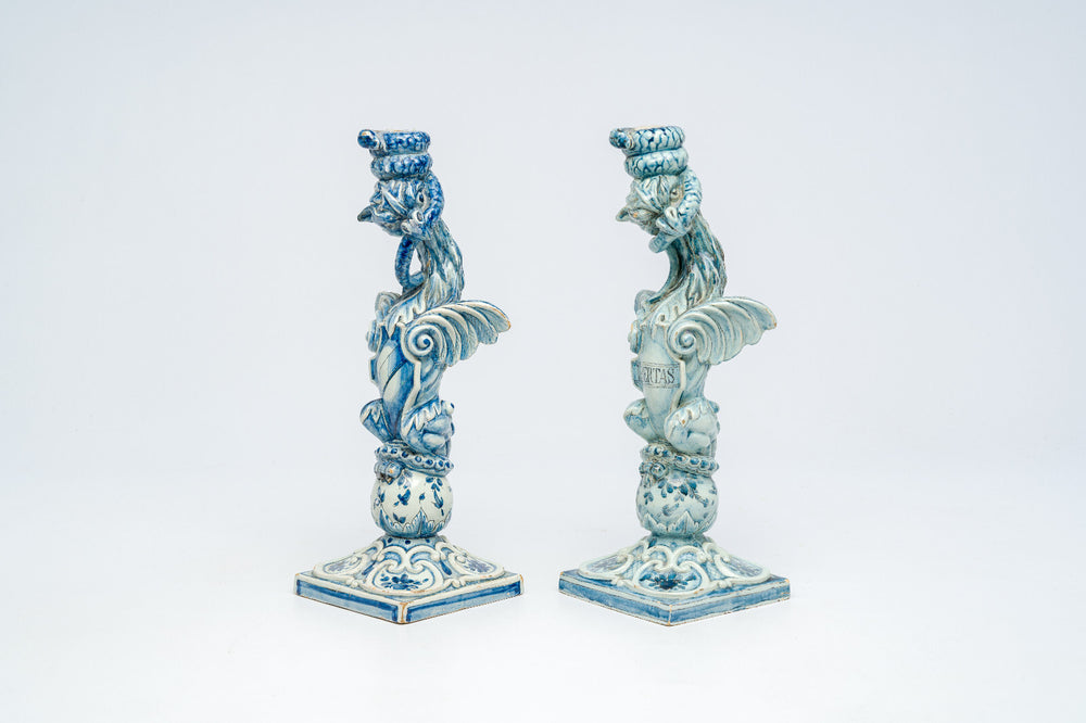 PAIR 19thc italian Cantagalli majolica Griffon Candlestick candle holder shield