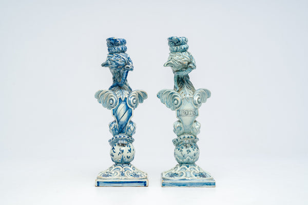PAIR 19thc italian Cantagalli majolica Griffon Candlestick candle holder shield