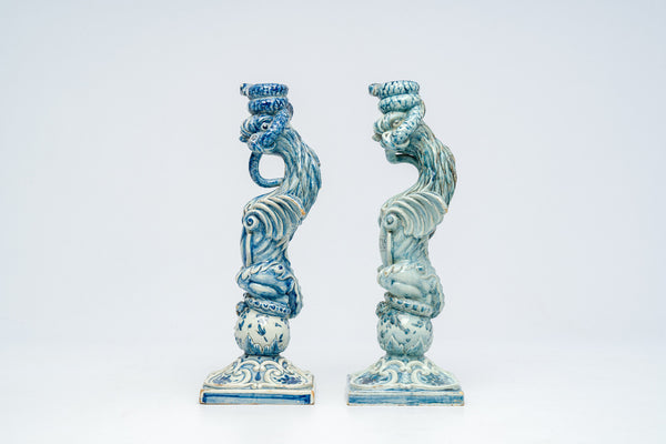 PAIR 19thc italian Cantagalli majolica Griffon Candlestick candle holder shield