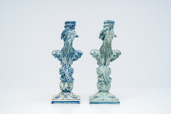 PAIR 19thc italian Cantagalli majolica Griffon Candlestick candle holder shield