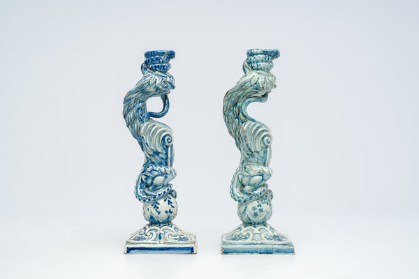 PAIR 19thc italian Cantagalli majolica Griffon Candlestick candle holder shield