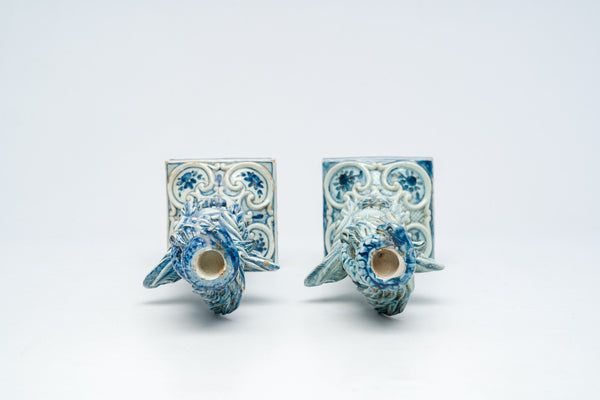 PAIR 19thc italian Cantagalli majolica Griffon Candlestick candle holder shield