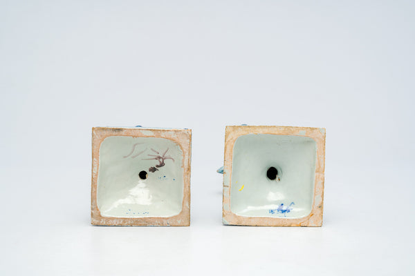 PAIR 19thc italian Cantagalli majolica Griffon Candlestick candle holder shield