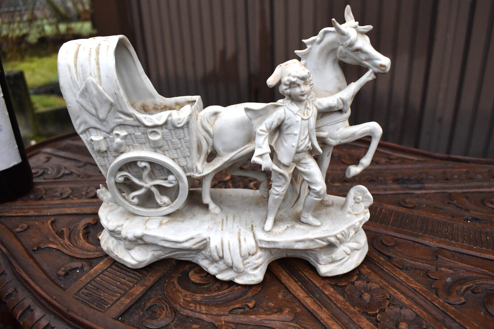 German vintage bisque porcelain statue vase horse chariot figurine