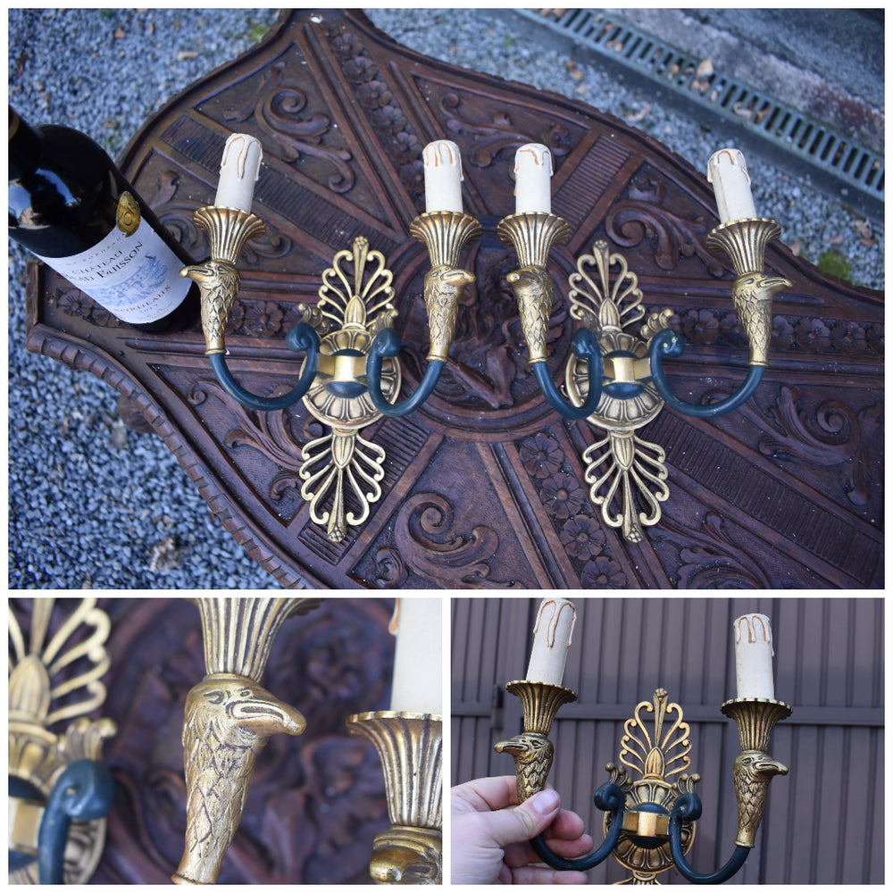 PAIR antique french bronze empire eagle bird arms wall lights sconces