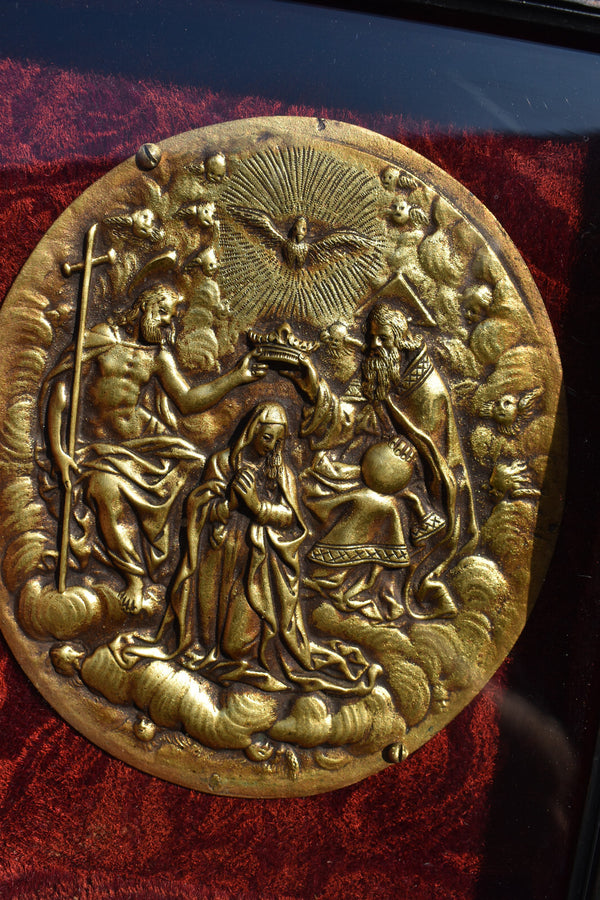 Antique religious wall plaque with bronze medaillon inside coronation mary
