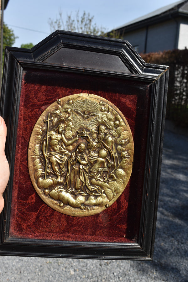Antique religious wall plaque with bronze medaillon inside coronation mary