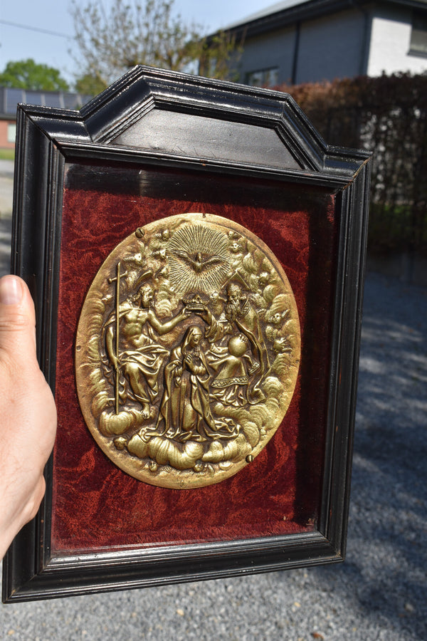 Antique religious wall plaque with bronze medaillon inside coronation mary