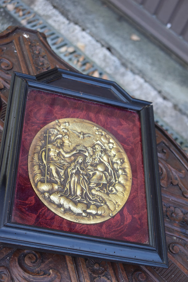 Antique religious wall plaque with bronze medaillon inside coronation mary