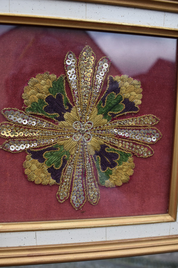 Antique lithurgical brocade silk Cross crucifix frame religious plaque