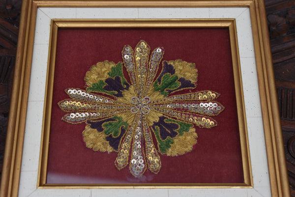 Antique lithurgical brocade silk Cross crucifix frame religious plaque