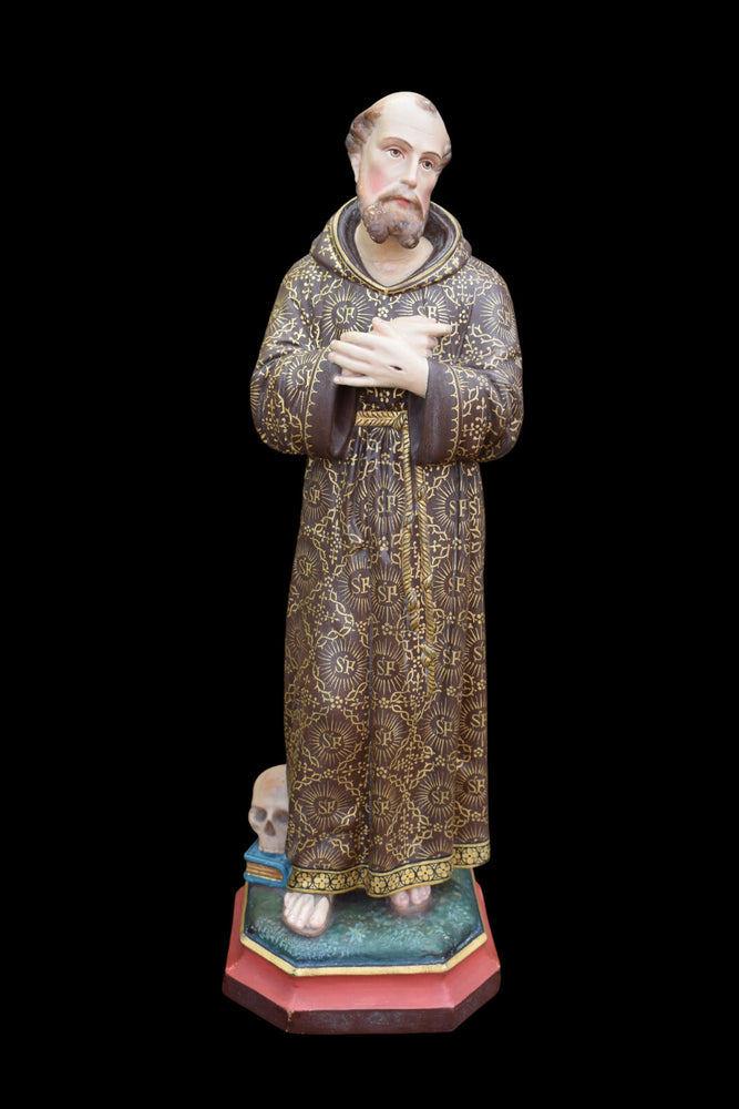Antique French chalk Statue of saint francis with book skull rare religion