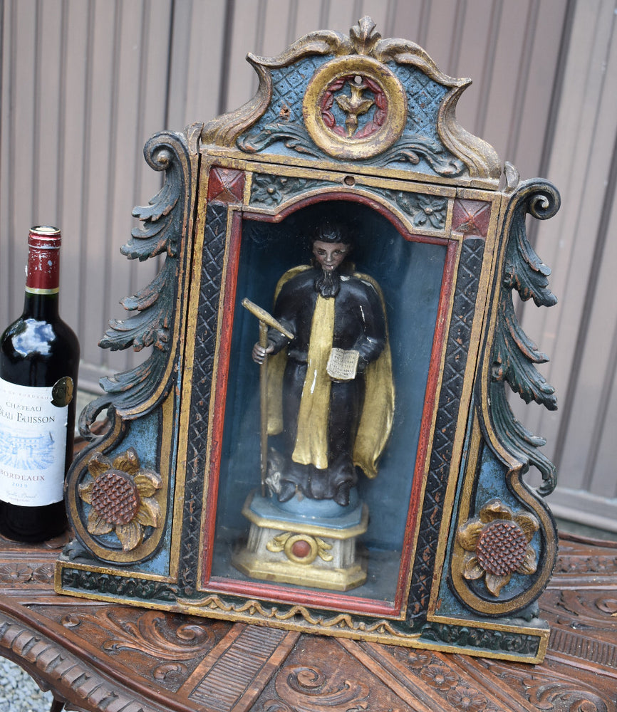 Antique 19thc Wood carved polychrome chapel nich wall saint roch statue rare