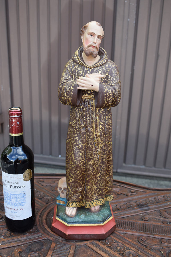 Antique French chalk Statue of saint francis with book skull rare religion