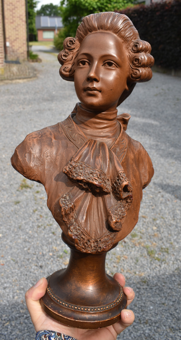 Antique belgian terracotta rococo young boy aristocratic bust sculpture statue